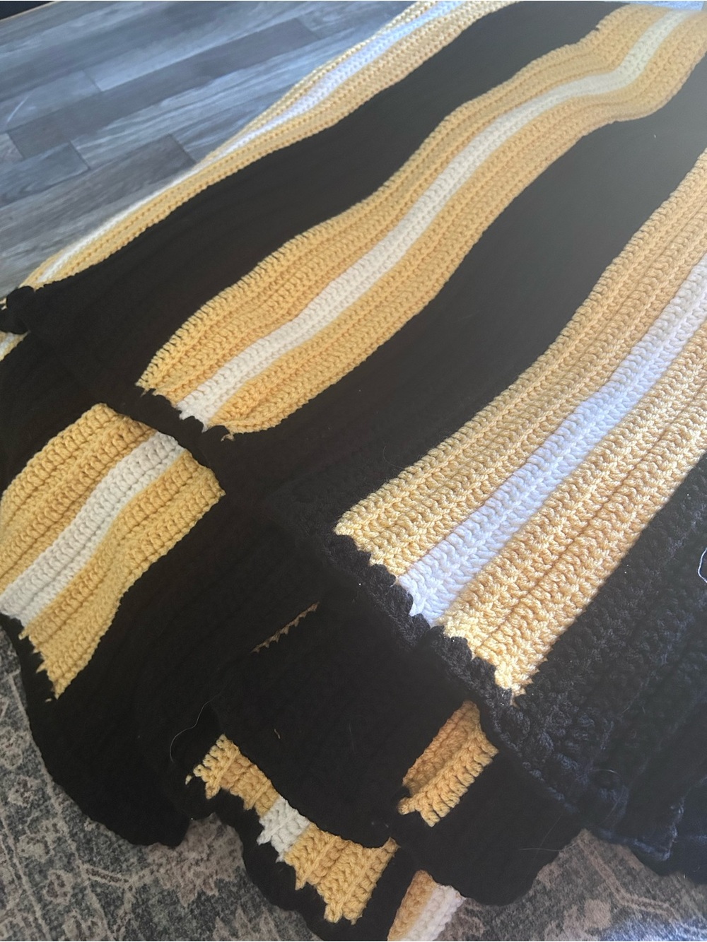 Handmade King Size Black Gold White Striped Crochet Blanket